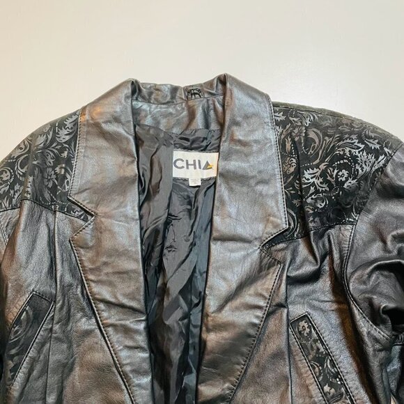 Vintage Chia 100% Leather Cropped Biker Punk Jacket Floral Heavy Metal 80s Small - Picture 3 of 15